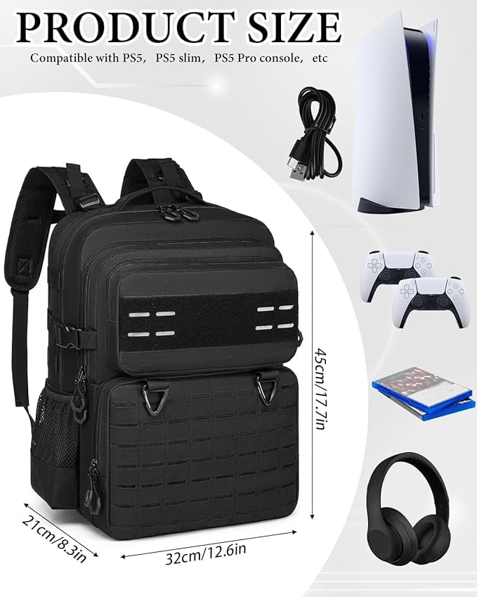 BISKLNDN Tactical Gaming Backpack for PS5, Fits PS5/PS4, 17.7"x12.6"x8.3", Black, Model F010