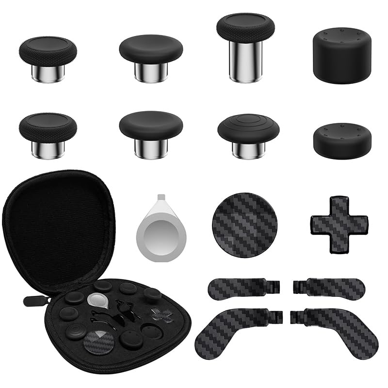 CHARM FOCUS 16-in-1 Metal Thumbsticks Replacement Kits for Xbox Elite Series 2  Xbox Elite 2 Controller Accessories  Includes Magnetic Joysticks  Paddles  Silicone Caps  D-Pads  1 Tool (Carbon Black)
