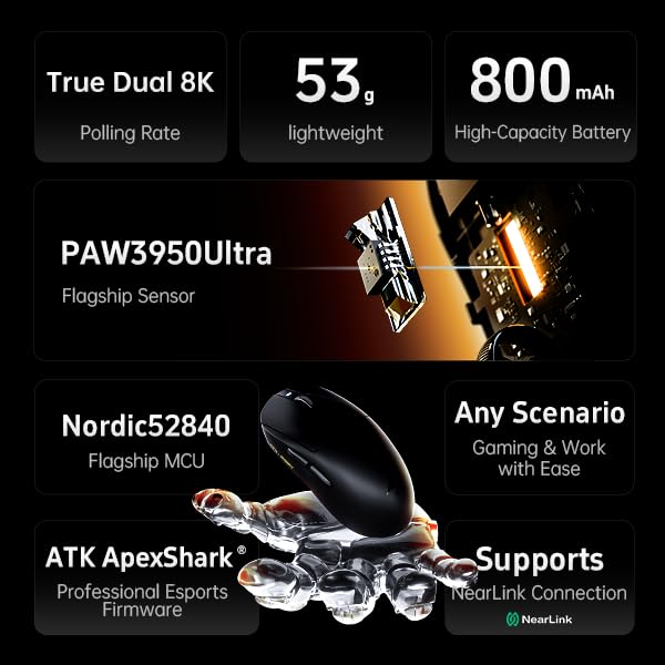 ATK Dragonfly A9 Wireless Gaming Mouse - 30000 DPI, 8k Polling Rate, Tri-Mode, Black