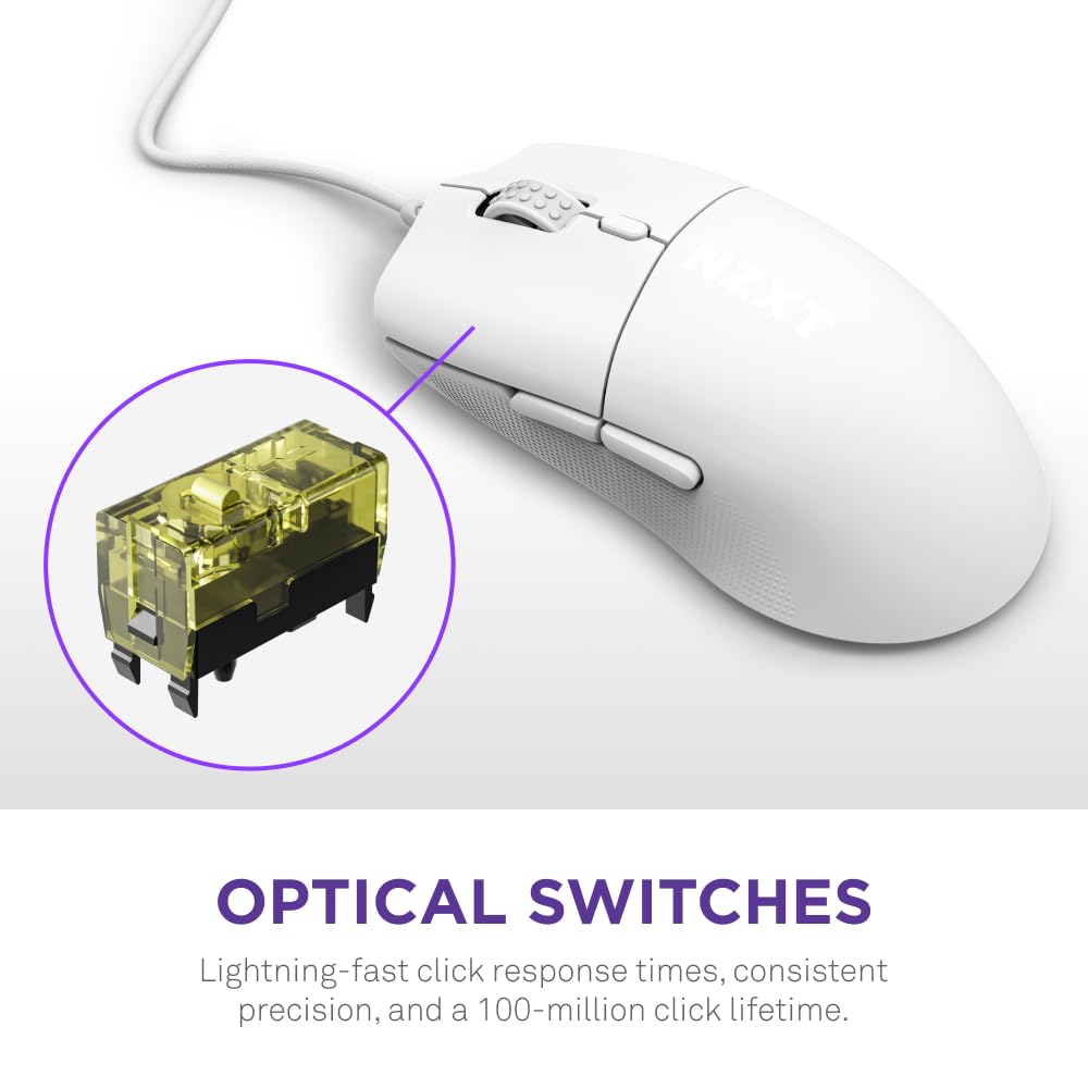 NZXT Lift 2 Ergo Gaming Mouse - Lightweight 58g, 8K Polling Rate, 26K DPI, Optical Switches, White, Model MS-001NW-02