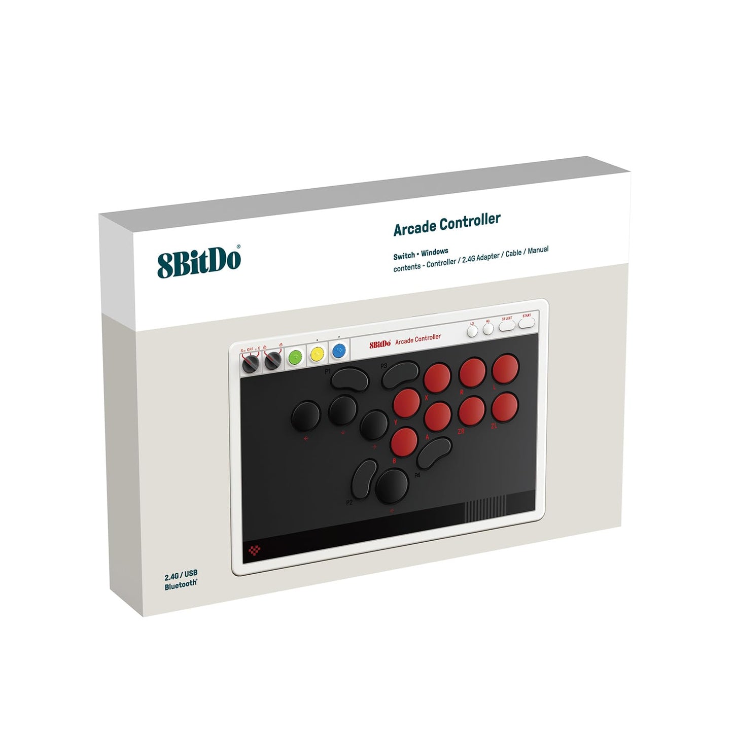 8Bitdo Arcade Controller for Switch & Windows – Bluetooth, 2.4G, Wired, Retro Design, Low-profile Switches, 4 Programmable Buttons, Model 6922621507611