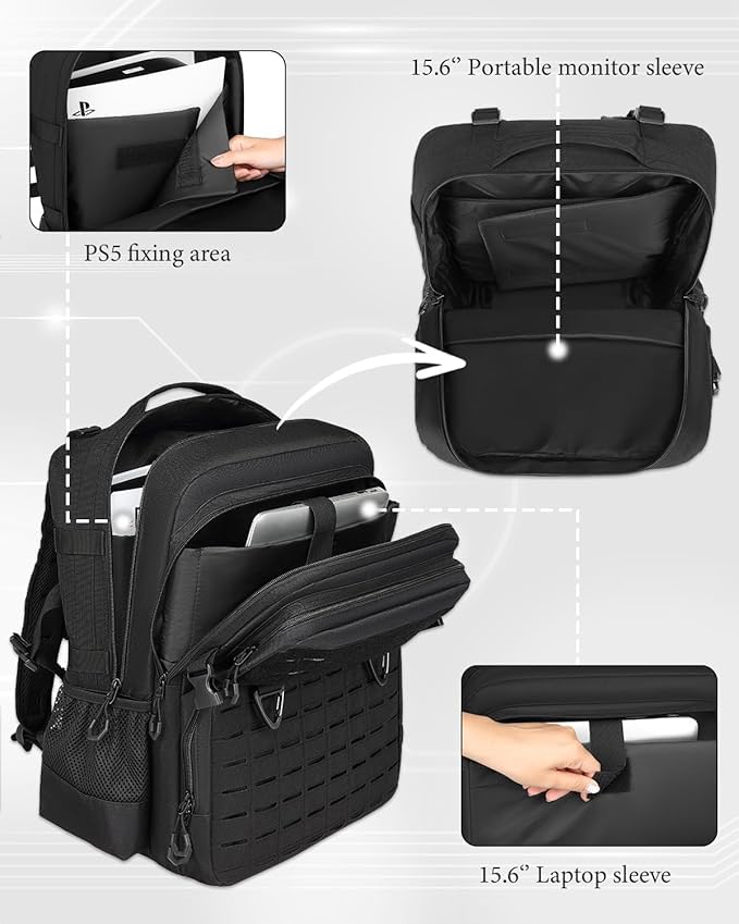 BISKLNDN Tactical Gaming Backpack for PS5, Fits PS5/PS4, 17.7"x12.6"x8.3", Black, Model F010