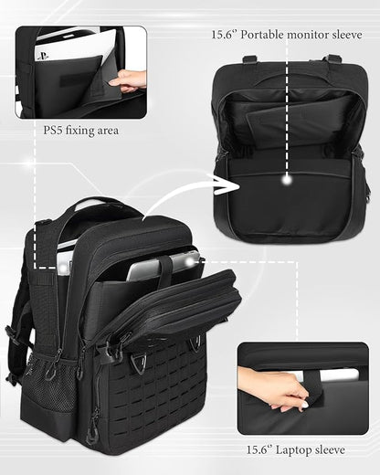 BISKLNDN Tactical Gaming Backpack for PS5, Fits PS5/PS4, 17.7"x12.6"x8.3", Black, Model F010
