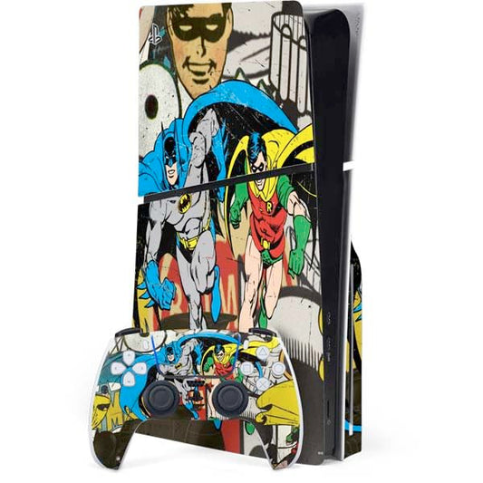 Skinit Decal Gaming Skin Compatible with PS5 Slim Disk Bundle - Officially Licensed DC Comics Batman and Robin Vintage Action Pose Design