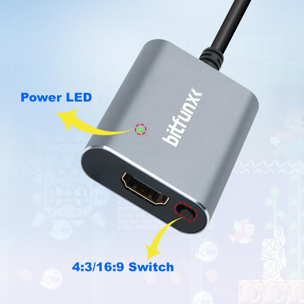 BITFUNX N64 HDMI Adapter - Plug & Play, Supports Auto SV & AV, 16:9/4:3, Grey