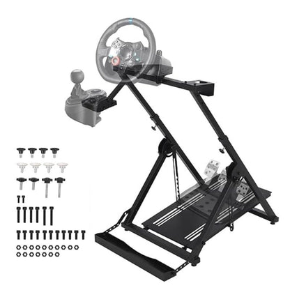 JustSmart X-Shaped Steering Wheel Game Stand - Height Adjustable, Chair Fixing Seat Slot, Cup Holder, Compatible with Logitech
