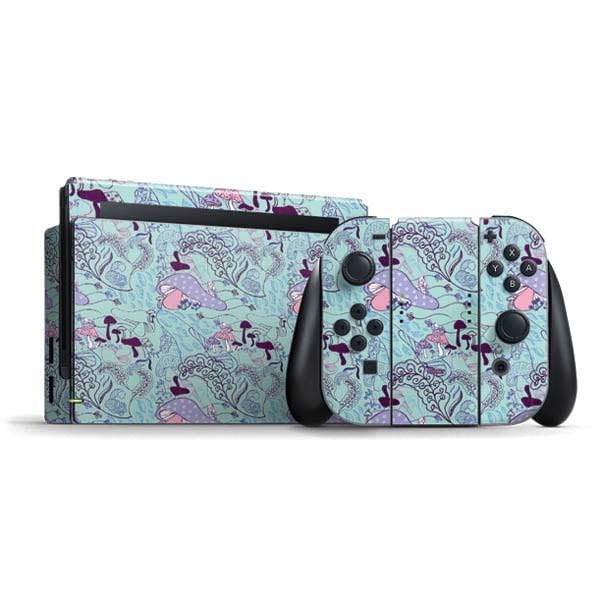 Skinit Decal Gaming Skin Compatible with Nintendo Switch Bundle - Officially Licensed Disney Alice in Wonderland (Animated) Mushrooms Print Pattern Design