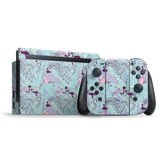 Skinit Decal Gaming Skin Compatible with Nintendo Switch Bundle - Officially Licensed Disney Alice in Wonderland (Animated) Mushrooms Print Pattern Design