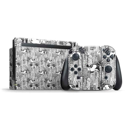 Skinit Decal Gaming Skin Compatible with Nintendo Switch Bundle - Officially Licensed Disney Mickey Mouse Cityscape Sketch Design