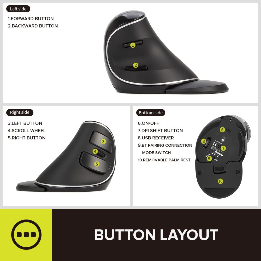 DeLUX Wireless Ergonomic Mouse, 4000DPI Vertical Design, 6 Buttons, Bluetooth+2.4G, Model M618PD, Removable Palm Rest for Comfort