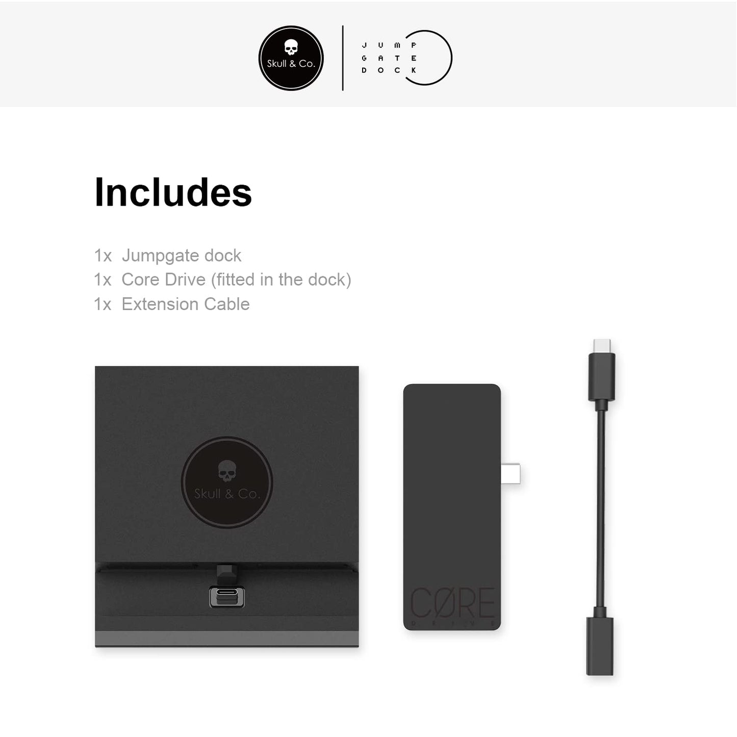 Skull & Co. Jumpgate Pro Portable Dock with HDMI Adapter for Nintendo Switch, Smartphone, MacBook - Pro-Black with Extension Cable