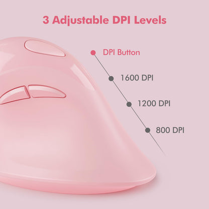 MICROPACK Ergonomic Vertical Wireless Mouse - 6 Buttons, 800/1200/1600 DPI, Medium Size, Pink & Type-C Receiver