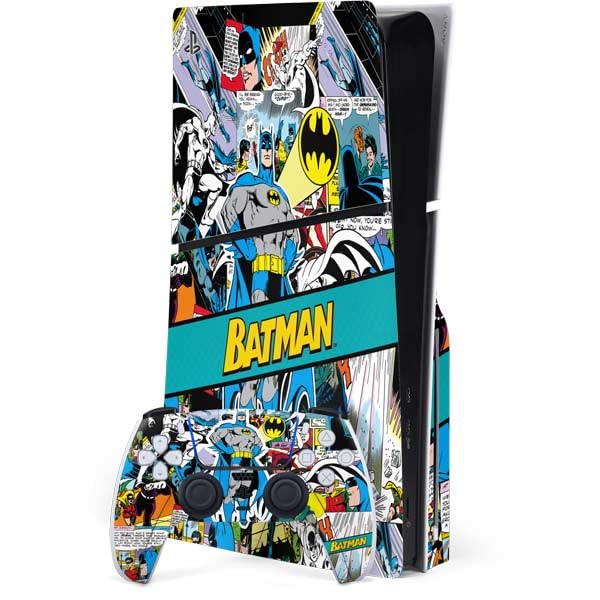 Skinit Decal Gaming Skin Compatible with PS5 Slim Disk Bundle - Officially Licensed DC Comics Batman Vintage Pose Collage Art Design