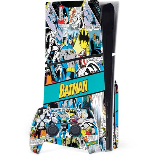 Skinit Decal Gaming Skin Compatible with PS5 Slim Disk Bundle - Officially Licensed DC Comics Batman Vintage Pose Collage Art Design