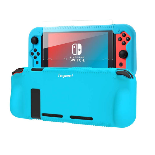 Teyomi Protective Silicone Case for Nintendo Switch  Grip Cover with Tempered Glass Screen Protector  2 Storage Slots for Game Cards  Shock-Absorption & Anti-Scratch (Blue)