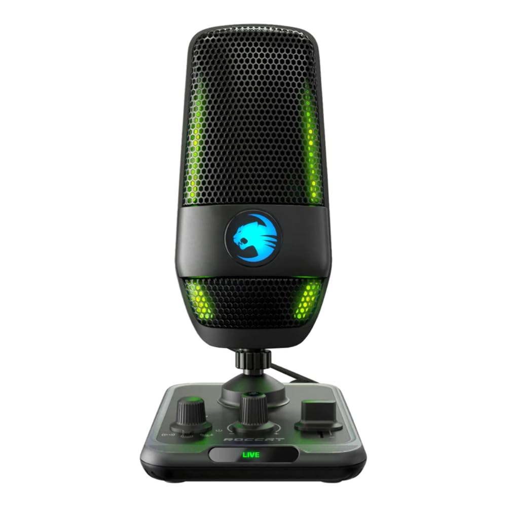 ROCCAT Torch USB Microphone  Studio-Grade Audio  PC Computer Gaming Wired Mic  RGB AIMO Lighting with Indicator  For Streaming  Recording  Podcasting  Quick Mute  Boom Arm Compatible  Black