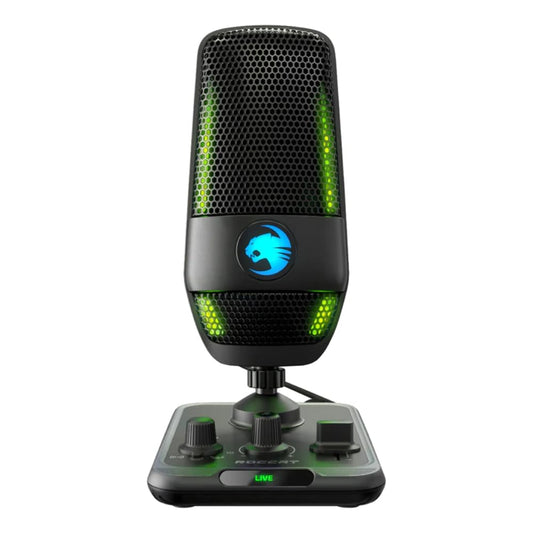 ROCCAT Torch USB Microphone  Studio-Grade Audio  PC Computer Gaming Wired Mic  RGB AIMO Lighting with Indicator  For Streaming  Recording  Podcasting  Quick Mute  Boom Arm Compatible  Black