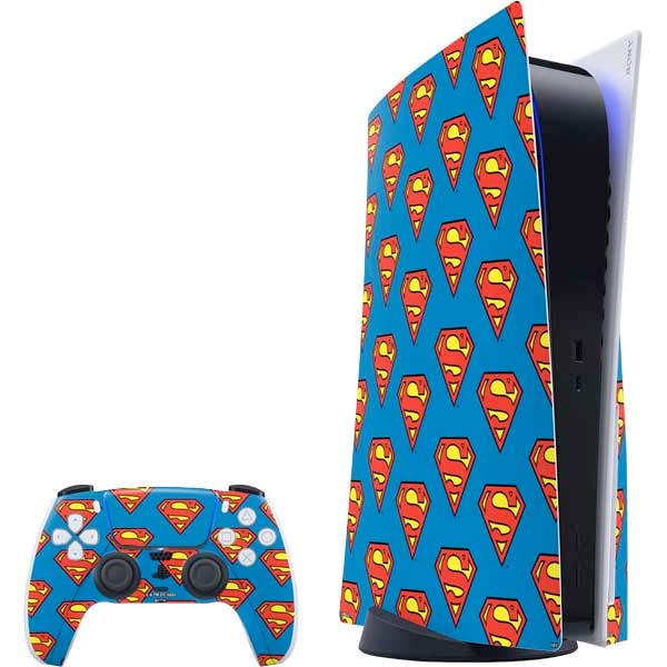 Skinit Decal Gaming Skin Compatible with PS5 Bundle - Officially Licensed DC Comics Superman Logo Pattern Design