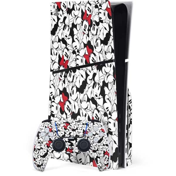 Skinit Decal Gaming Skin Compatible with PS5 Slim Disk Bundle - Officially Licensed Disney Minnie Mouse Red Color Pop Face Pattern Design