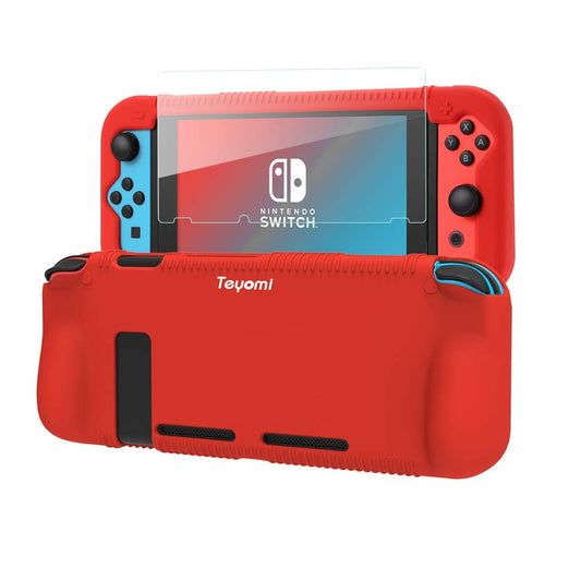 Teyomi Protective Silicone Case for Nintendo Switch  Grip Cover with Tempered Glass Screen Protector  2 Storage Slots for Game Cards  Shock-Absorption & Anti-Scratch (Red)