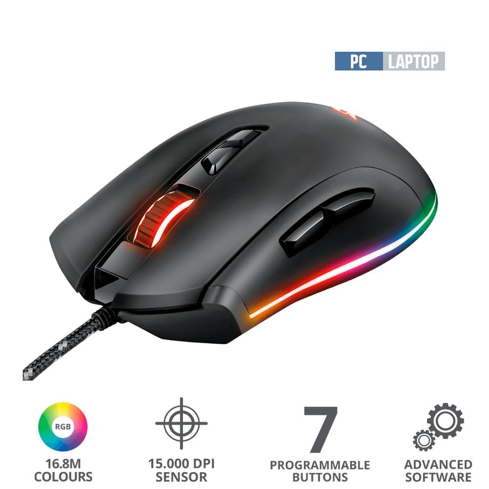 Trust Gaming GXT 900 Qudos Mouse - 100-15000 DPI, 7 Buttons, RGB Lighting, USB - Black