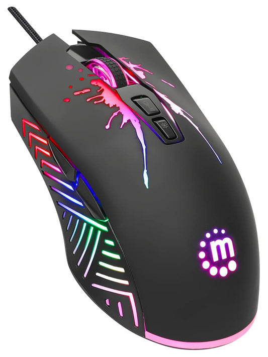 MANHATTAN RGB LED Wired Optical Gaming Mouse - 7200 DPI, Ergonomic, 7 Buttons, Black, Model 190121