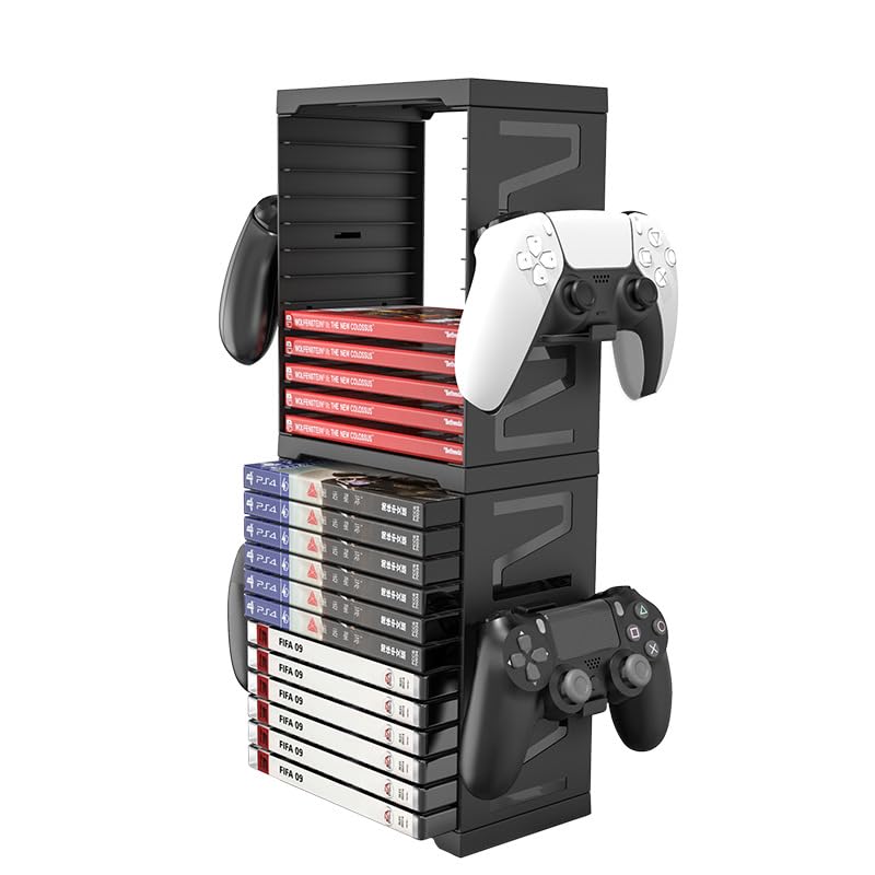HONCAM Video Game Storage Tower for PS5 PS4 Xbox Nintendo Switch Games  Universal Discs Organizers 24 PCS with 4 Controllers Holder  Disk Box Stand Rack Accessories