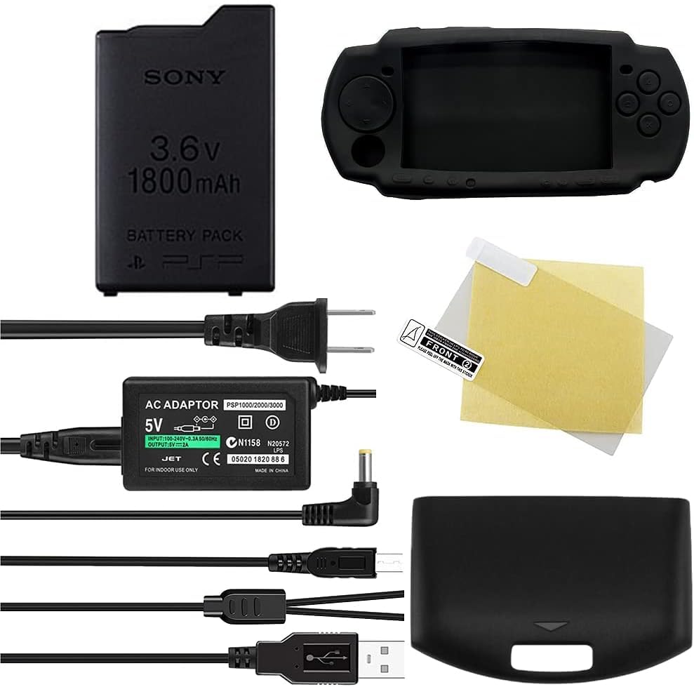 TFSeven PSP Battery, 3.6v 1800mAh Replacement Battery with USB Charging Cable and AC Adapter + Back Door Batteries Cover for PSP