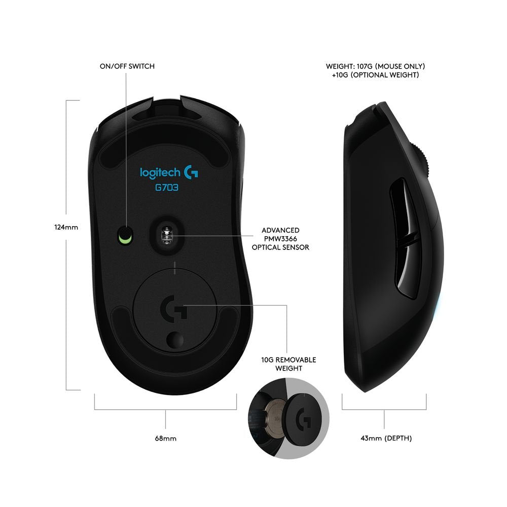 Logitech G703 Wireless Gaming Mouse - 12000 DPI, RGB, Lightweight, 6 Programmable Buttons, Black