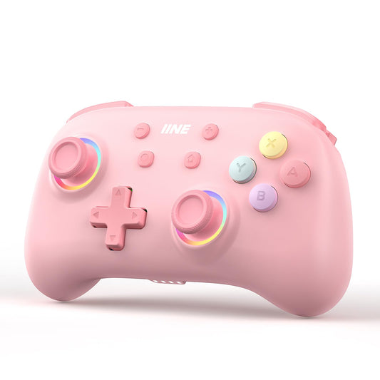 IINE Wireless Controller for Switch/PC/Android, Mini Gamepad with RGB Lights, Turbo, NFC, Rumble - Pink