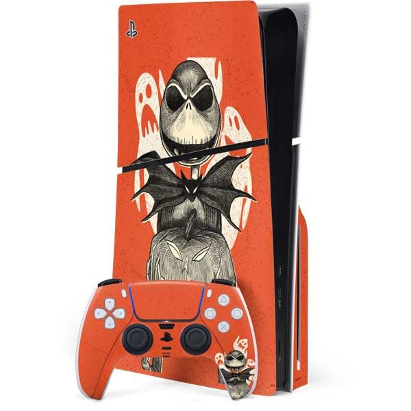Skinit Decal Gaming Skin Compatible with PS5 Slim Disk Bundle - Officially Licensed Disney The Nightmare Before Christmas The Pumpkin King Design