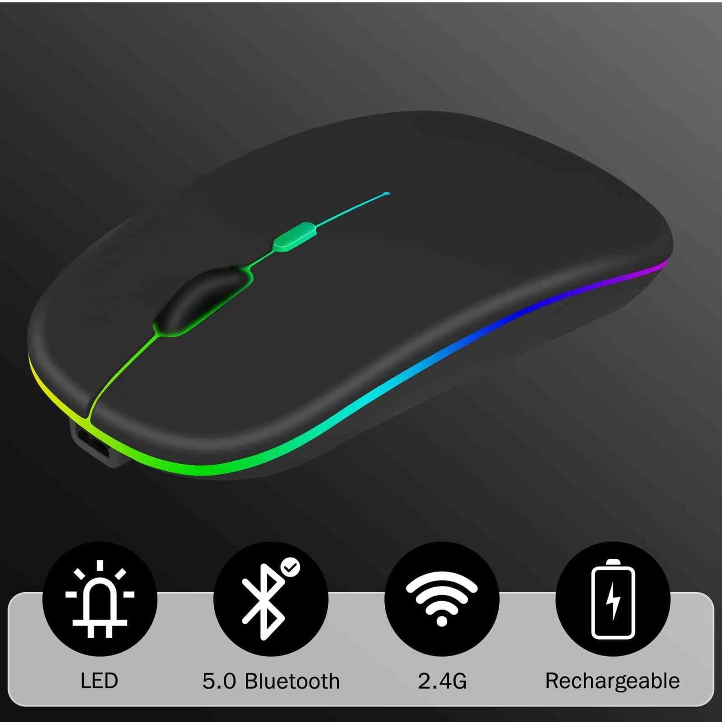 UrbanX Rechargeable Wireless Mouse - 2.4GHz & Bluetooth, RGB LED, Onyx Black, Model UXM030 for Tablet/Laptop/PC/Mac