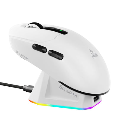 SOLAKAKA SM820 Wireless Gaming Mouse - 24000 DPI, RGB Charging Dock, Programmable Macro, White