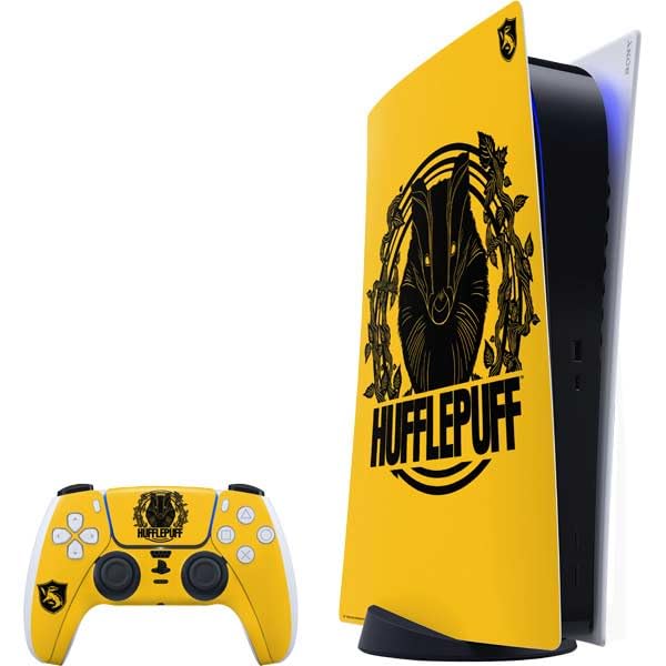Skinit Decal Gaming Skin Compatible with PS5 Bundle - Officially Licensed Wizarding Worlds Harry Potter Hufflepuff Illustration Design