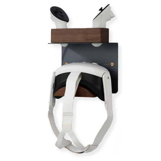 NIRVASH Walnut VR Headset Wall Mount Holder  Wood VR Wall Stand Storage Hook Compatible with Meta/Oculus Quest 3  2  3S  Vive Display Hanger  Game Room Decor Vintage Gift Organizer Shelf (No Charger)