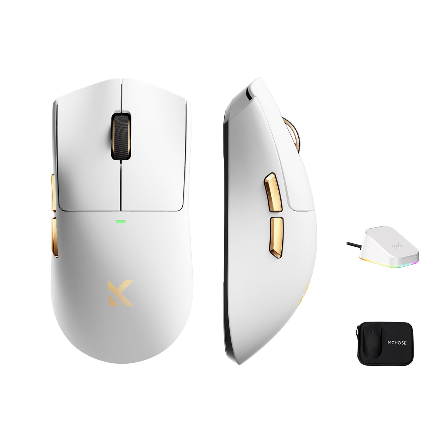MCHOSE K7 Ultra Gaming Mouse Wireless  59g Ultra-Lightweight  PAW3950 Sensor  8000Hz Polling Rate  42K DPI  5 Programmable Buttons  120 Hours of Playtime  Magnetic Wireless Charging Dock White Gold