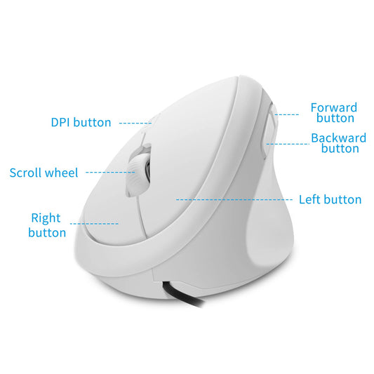 YOCUNKER USB Wired Vertical Mouse - Ergonomic, Low Noise, 6 Buttons, M Size for Small Hands, White, Compatible with Mac/PC/Laptop/Desktop