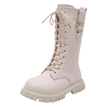 JEUROT Girls Knee High Combat Boots, Lace Up, Side Zipper, Faux Leather, Non Slip, Chunky Heels, Size 13 Little Kid, White