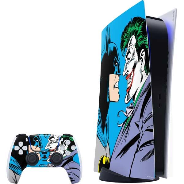 Skinit Decal Gaming Skin Compatible with PS5 Bundle - Officially Licensed DC Comics The Joker vs Batman Vintage Art Design