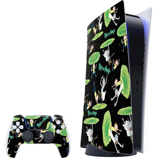 Skinit Decal Gaming Skin Compatible with PS5 Bundle - Officially Licensed Adult Swim Rick and Morty Portal Pattern Design