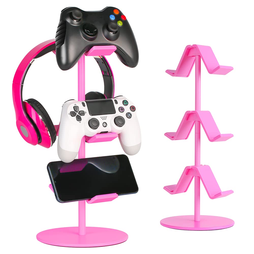 KELJUN Controller Holder Pink Headphone Stand 3 Tier Multi Adjustable Game Controller Headset Hanger for All Universal Gaming PC Accessories  Xbox PS4 PS5 Nintendo Switch(Cute Pink)