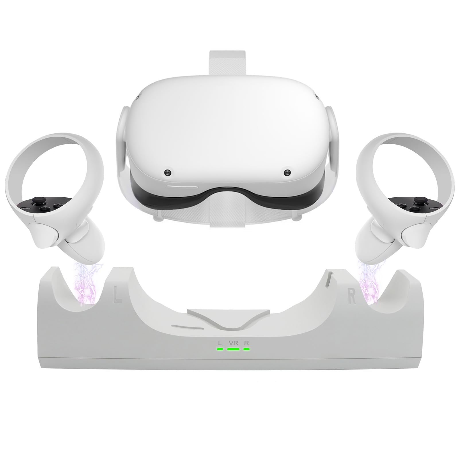 VR Charger Dock for Quest 2 Accessories  Station Stand for Charging Meta/Oculus Quest 2 Controller Headset with Elite Strap Attached (Includes 2 x 2100mAh Rechargeable Batteries)