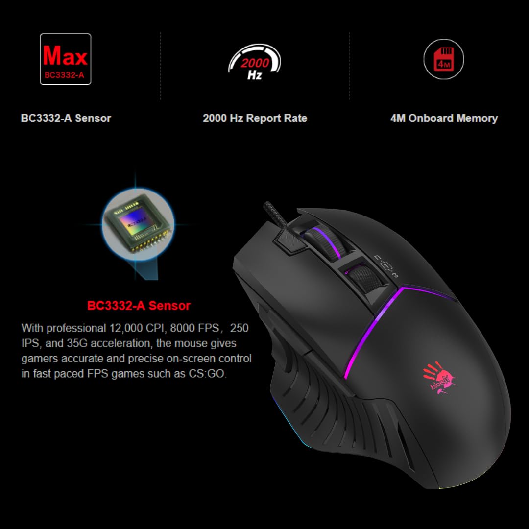 Bloody W95BR Max Extra Fire Gaming Mouse - 12,000 CPI, RGB Backlit, Ergonomic Design, Adjustable LOD, 2000 Hz Report Rate