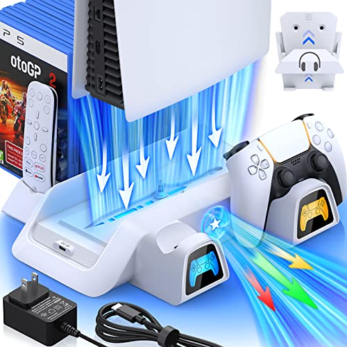 PS5 Stand with Cooling Station&Dual Controller Charger for Playstation 5 PS5 Console  CYKOprotective gear PS5 Accessories with 5V/3A Adapter  PS5 Base with Cooler Fan  Charging Dock and Game Holder White