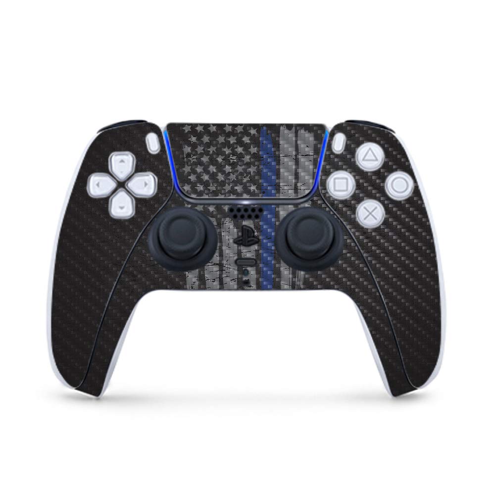 MightySkins Carbon Fiber Gaming Skin for PS5 / Playstation 5 Controller - Thin Blue Line | Durable Textured Carbon Fiber Finish | Easy to Apply | Made in The USA