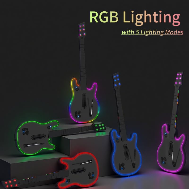 Lyvix Wireless Guitar Controller for PS4/PS3/PC - RGB Light & Colorful Strap - Black Colorful - Compatible with Guitar Hero & Rock Band