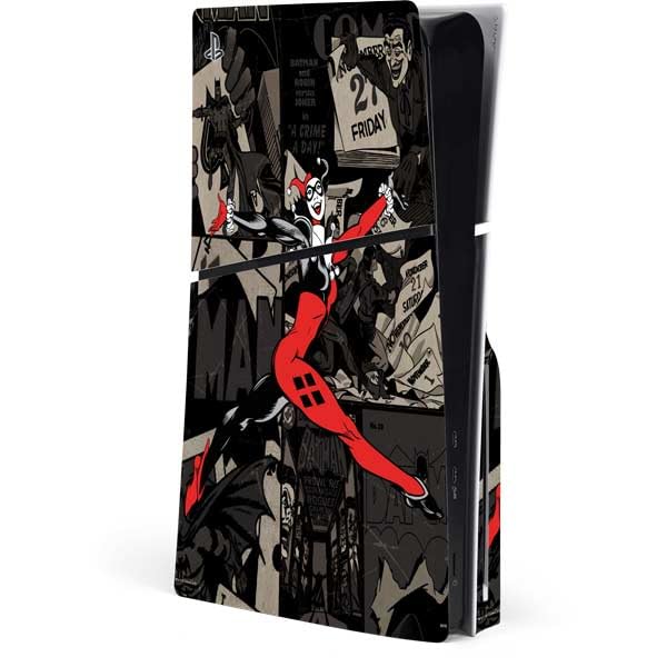 Skinit Decal Gaming Skin Compatible with PS5 Slim Disk Console - Officially Licensed DC Comics Harley Quinn Vintage Action Pose Pattern Design