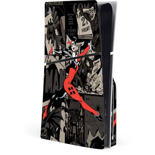 Skinit Decal Gaming Skin Compatible with PS5 Slim Disk Console - Officially Licensed DC Comics Harley Quinn Vintage Action Pose Pattern Design