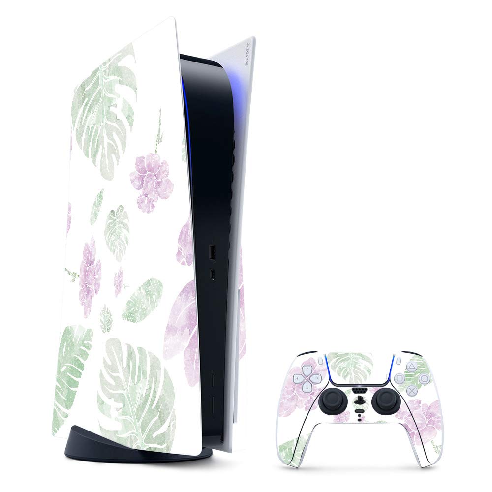 MightySkins Glossy Glitter Gaming Skin for PS5 / PlayStation 5 Bundle - Water Color Flowers | Durable High-Gloss Glitter Finish | Easy to Apply and Change Style | Made in The USA