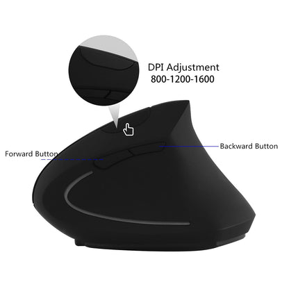 Sunffice FLY WAY Ergonomic Vertical Wireless Mouse - Rechargeable, 2.4GHz, 800/1200/1600 DPI, 6 Buttons, Right Hand, Plastic